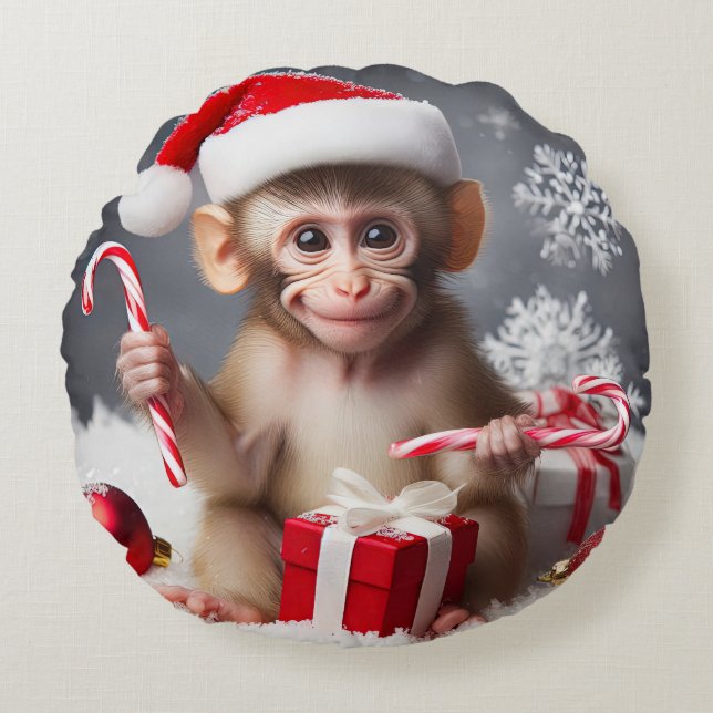 Coussins Ronds Singe mignon avec chapeau de Père Noël (Devant)