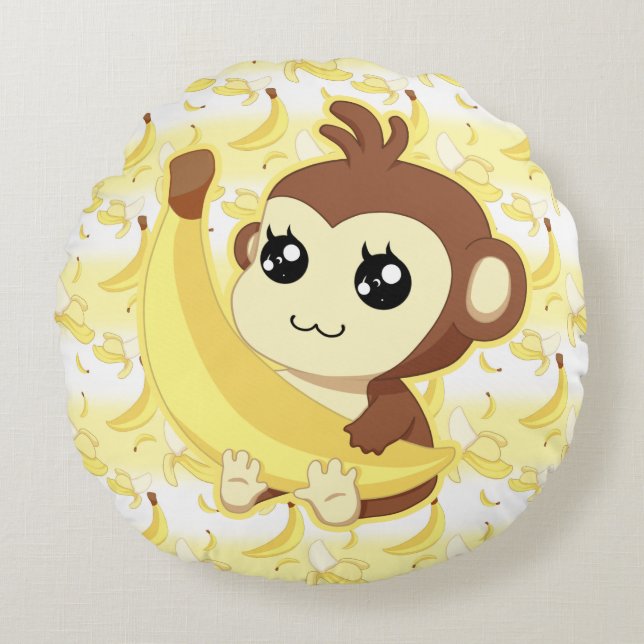 Coussins Ronds Singe mignon de Kawaii tenant la banane (Devant)