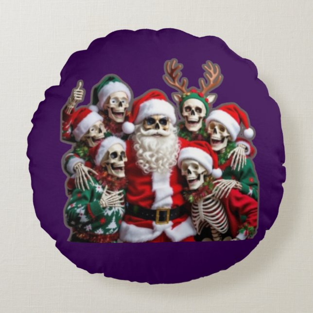 Coussins Ronds Skeleton Santa Christmas Group Photo – Festive 3D  (Devant)