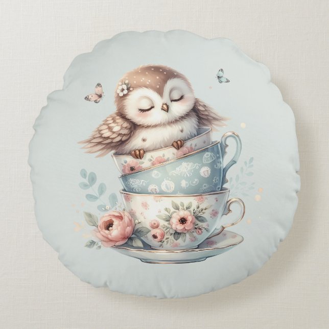 Coussins Ronds Sleeping Owl in Stacked Floral Teacups (Devant)