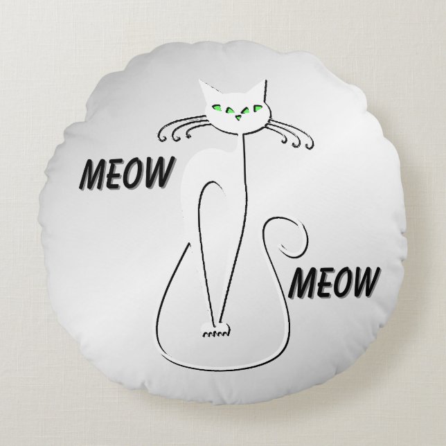Coussins Ronds Slinky Black Cat Meow Meow Green Eyes sur argent (Devant)