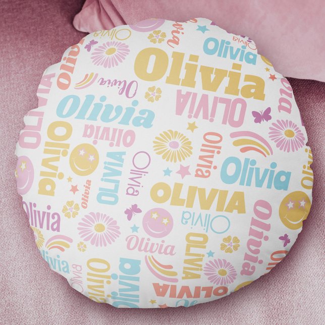 Coussins Ronds Smile graphique fleur pastel preppy jeté oreiller (Créateur téléchargé)