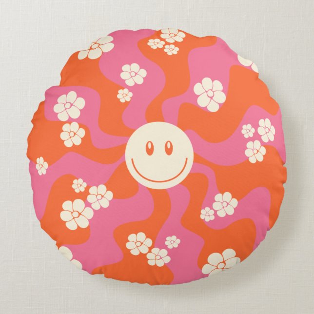 Coussins Ronds Smile - rose, orange et crème (Devant)