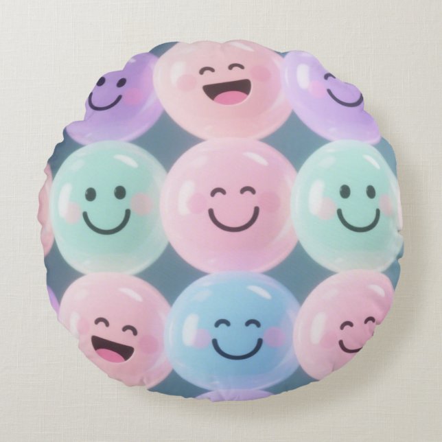 Coussins Ronds Smiley Face Pastel Jeu d'oreiller - Taillée de bul (Devant)