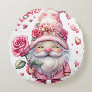 Coussins Ronds Smiling Gnome Holding a Pink Rose