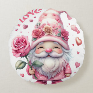 Coussins Ronds Smiling Gnome Holding a Pink Rose 