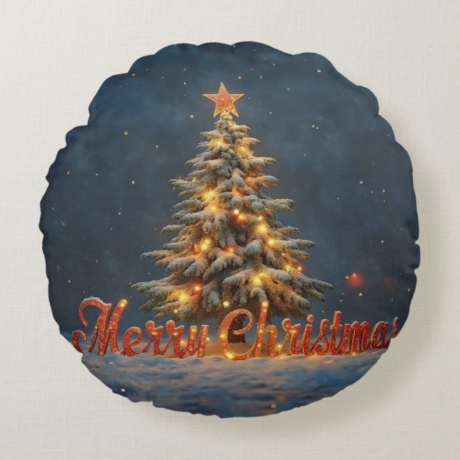 Coussins Ronds Snowy Christmas Tree with Warm Lights (Devant)