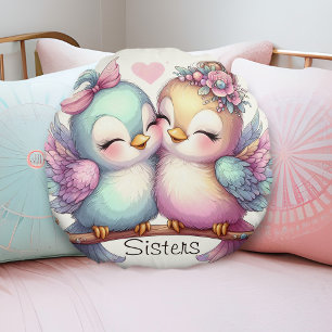Coussins Ronds Soeurs aux oiseaux doux adorable Fille rose pastel
