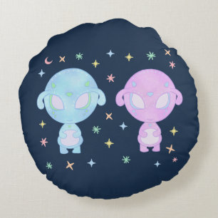 Coussins Ronds Sœurs jumelles aliens pastel Art cosmique kawaii