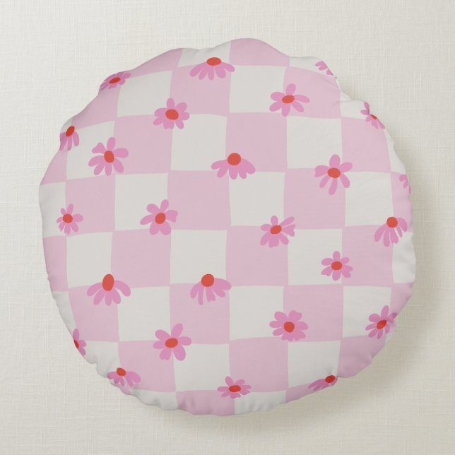 Coussins Ronds Soft Pink Daisy Checkerboard Floral Pattern (Dos)
