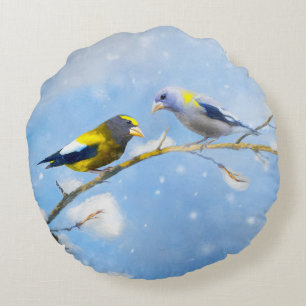 Coussins Ronds Soirée Grosbeak Peinture - Cute Original Chien Art