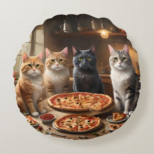Coussins Ronds Soirée Pizza Chat, (Devant)