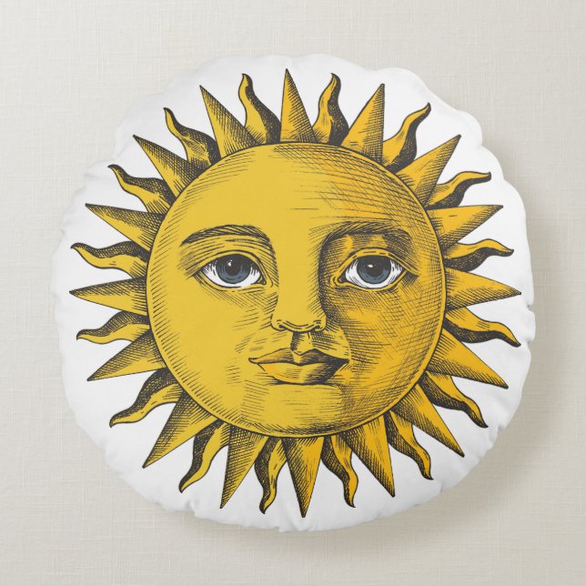 Coussins Ronds Soleil dessiné à la main avec design du visage (Devant)