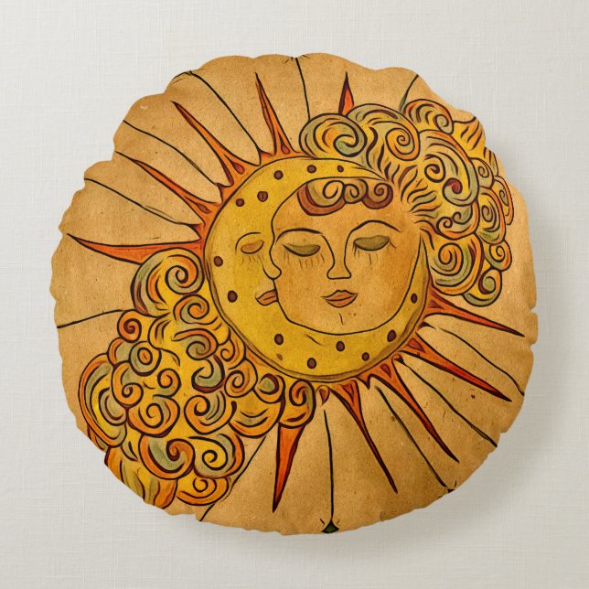 Coussins Ronds Soleil et lune célestes dessinés à la main  (Devant)