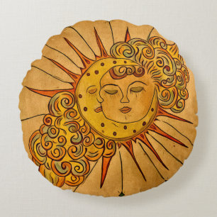Coussins Ronds Soleil et lune célestes dessinés à la main