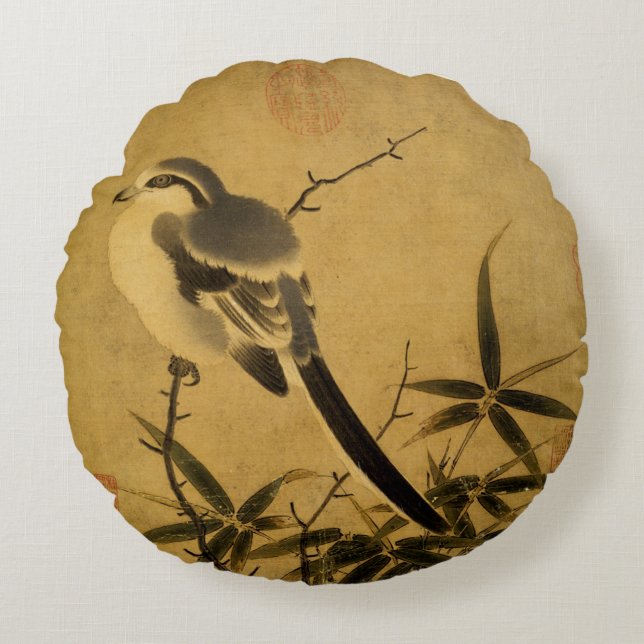 Coussins Ronds Song Dynasty Bamboo et Shrike Bird (Devant)