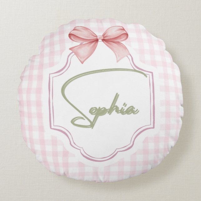 Coussins Ronds Sophia Personnalisé Pink Bow & En vichy Imprimer (Devant)