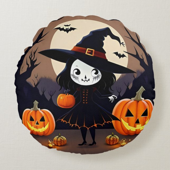 Coussins Ronds Sorcière d'Halloween avec des citrouilles (Devant)
