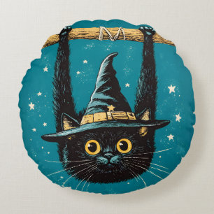 Coussins Ronds Sorcière éffrayante de chat noir volant