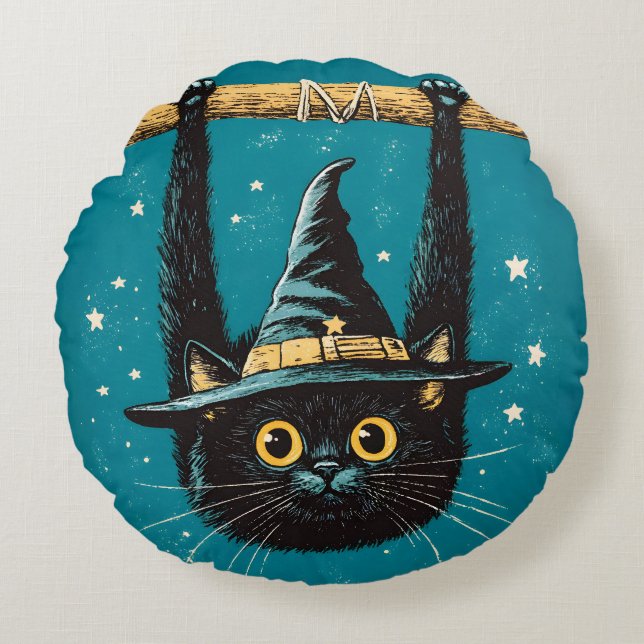 Coussins Ronds Sorcière éffrayante de chat noir volant (Devant)