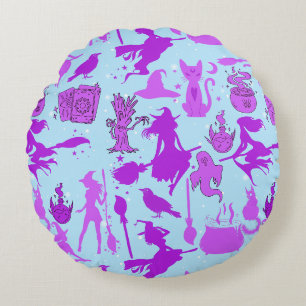 Coussins Ronds Sorcières volantes motif.Violet L Bleu BG