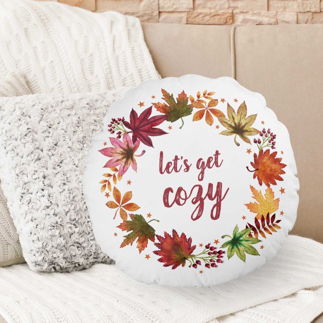 Coussins Ronds Soyons douillets Automne Feuilles de la récolte Wr (Let's Get Cozy Autumn Fall Leaves Harvest Wreath Round Pillow)