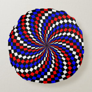 Coussins Ronds Spirale rouge blanc de Checker bleu par Kenneth Yo