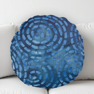 Coussins Ronds Spirales Abstraites Bleues Boho Batik