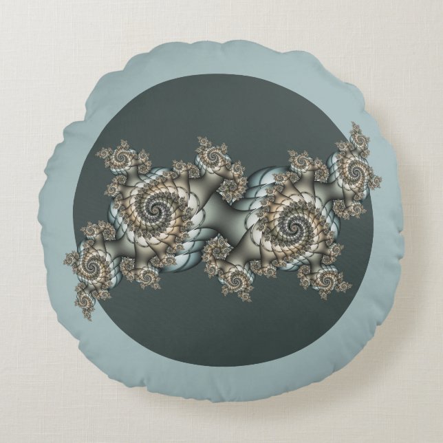 Coussins Ronds Spirales d'art fractal beige abstrait bleu clair (Devant)