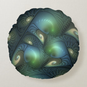 Coussins Ronds Spirales Turquoise Beige Vert Abstrait Fractal Art