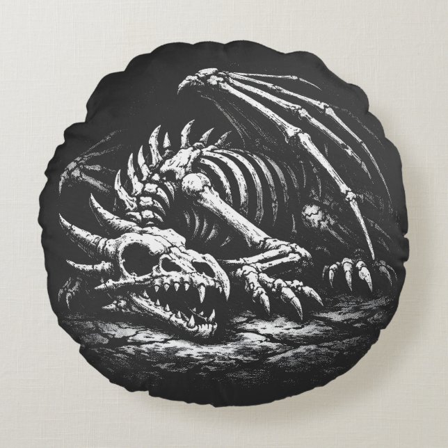 Coussins Ronds Squelette de dragon — par BurnsInHell (Devant)