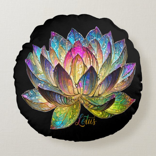 Coussins Ronds Stained Glass Colorful Lotus Flower on Black (Devant)