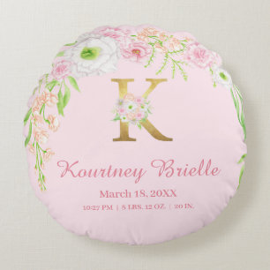Coussins Ronds Statistiques de naissance avec monogramme floral r