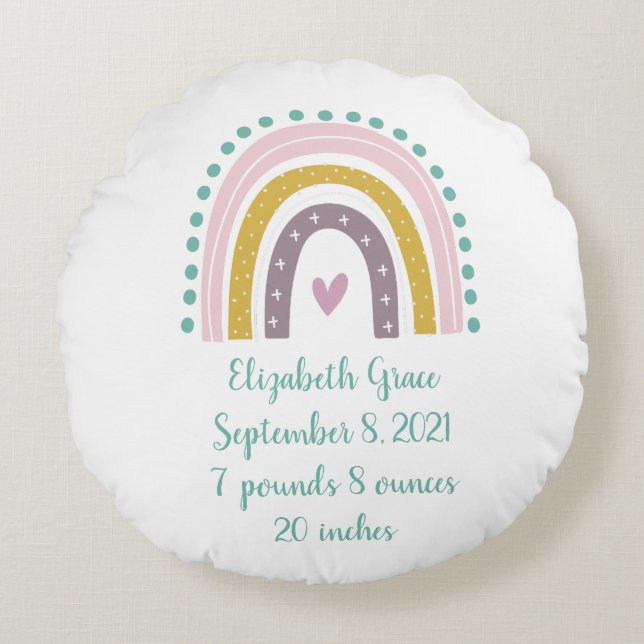 Coussins Ronds Statistiques de naissance Boho Rainbow Rose sarcel (Devant)