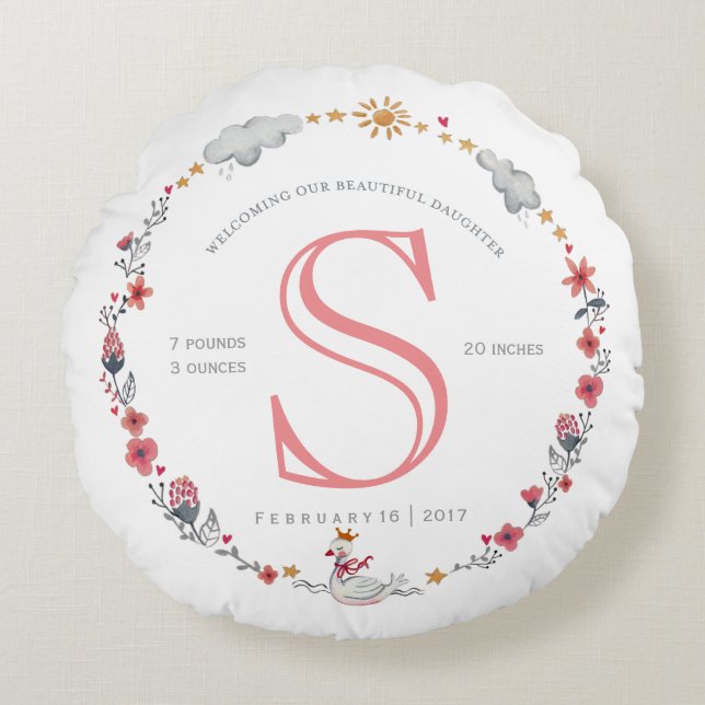 Coussins Ronds Statistiques de naissance de bébé cygne rose migno (Devant)