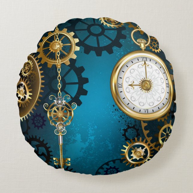 Coussins Ronds Steampunk Arrière - plan turquoise avec Gears (Devant)
