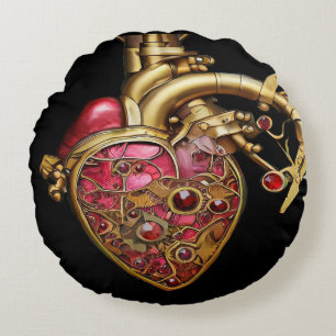 Coussins Ronds Steampunk Coeur Anatomique rubis et engrenages