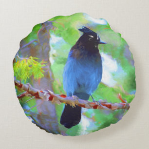 Coussins Ronds Steller's Jay Painting - Art original pour oiseaux