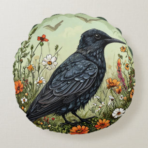 Coussins Ronds Sterne noire oiseau parmi les fleurs épanouies