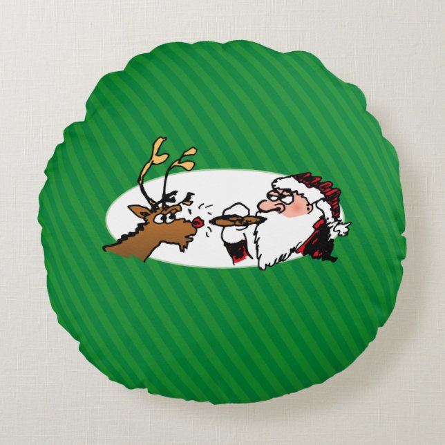Coussins Ronds Stogie Père Noël et Reindeer sur Green Stripes (Devant)