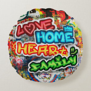 Coussins Ronds Streetart Graffiti Amour Maison Cœur Coloré Funky