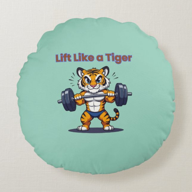 Coussins Ronds **Strong Tiger – Cute Tiger Lifting Weights Illust (Devant)