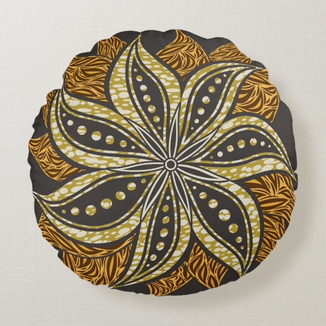Coussins Ronds Style Batik Floral Abstrait africain (Devant)