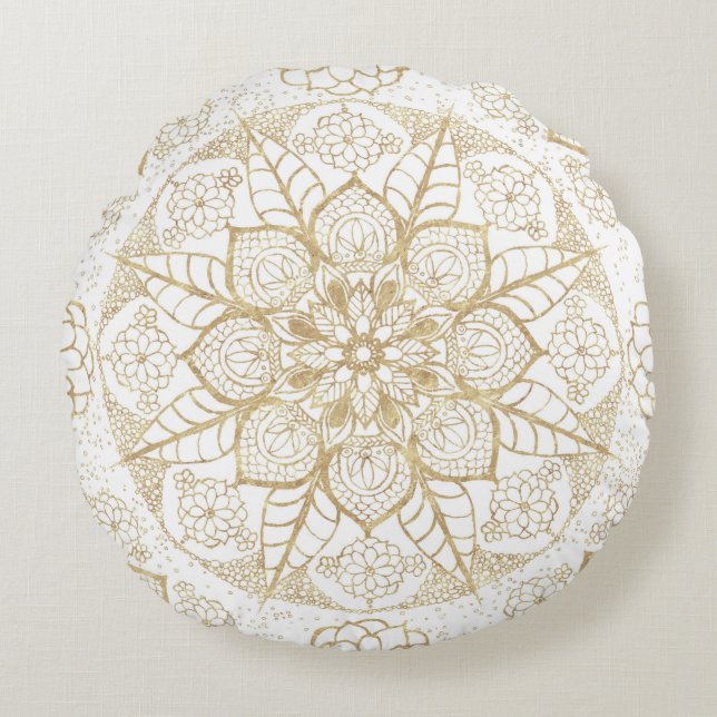 Coussins Ronds Style Boho Blanc Or Mandala Floral (Devant)