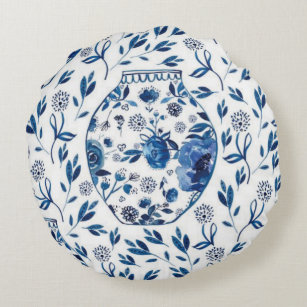 Coussins Ronds Style floral peint à la main Chinoiserie bleue et 