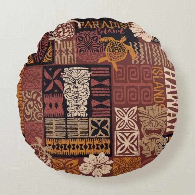 Coussins Ronds Style hawaïen motif tribal tissu patchwork (Devant)