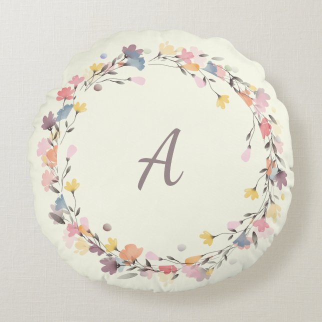 Coussins Ronds Stylé Pastel Floral Wreath Monogramme Personnalisé (Devant)
