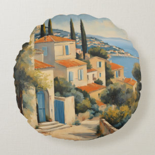 Coussins Ronds Style vintage Côte d'Azur Aquarelle Voyage Françai
