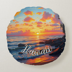 Coussins Ronds Style Vintage Hawaïen Voyage Côte Mer Coucher de s