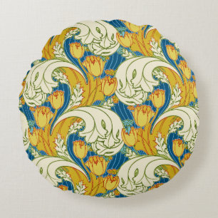 Coussins Ronds Style William Morris Tulp Tissu Floral sarcelle et